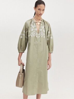 H&M Cotton Embroidered Midi Dress